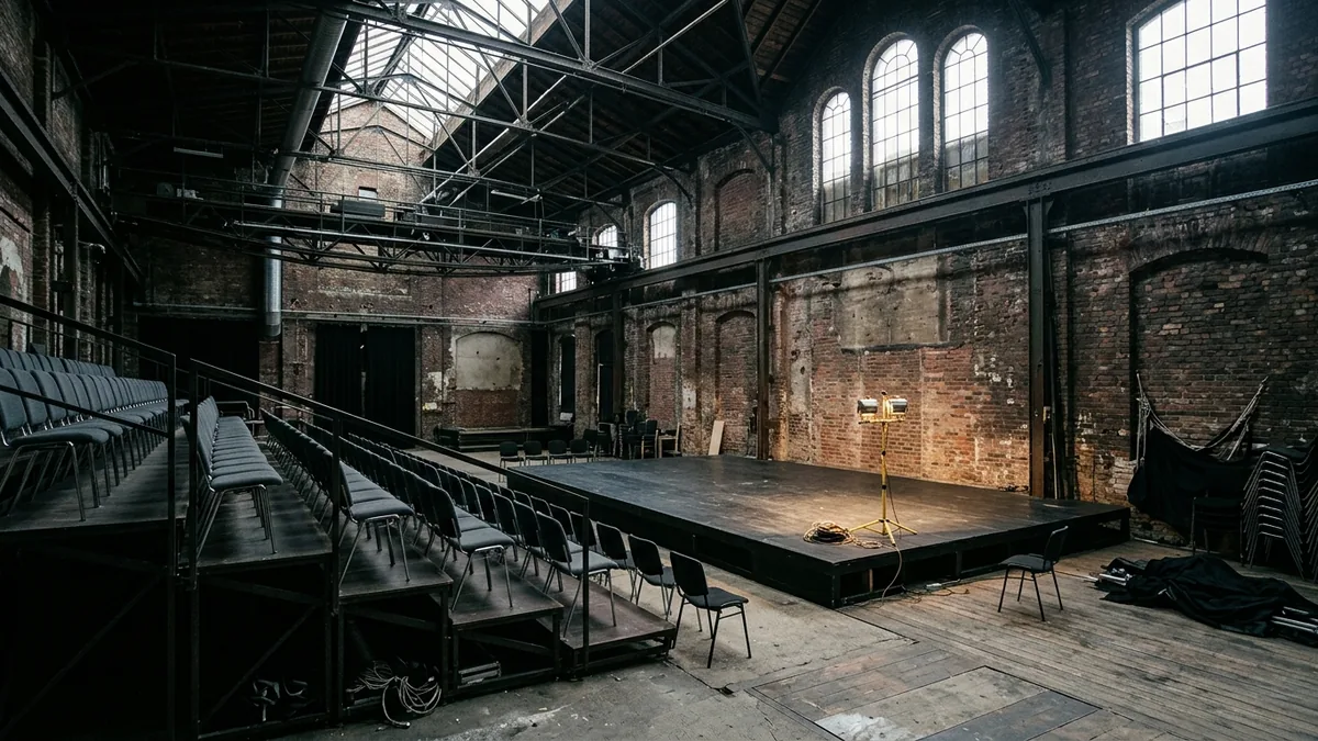 Industriehalle als Theaterraum, schwarze Bühnenfläche und leere Zuschauerreihen