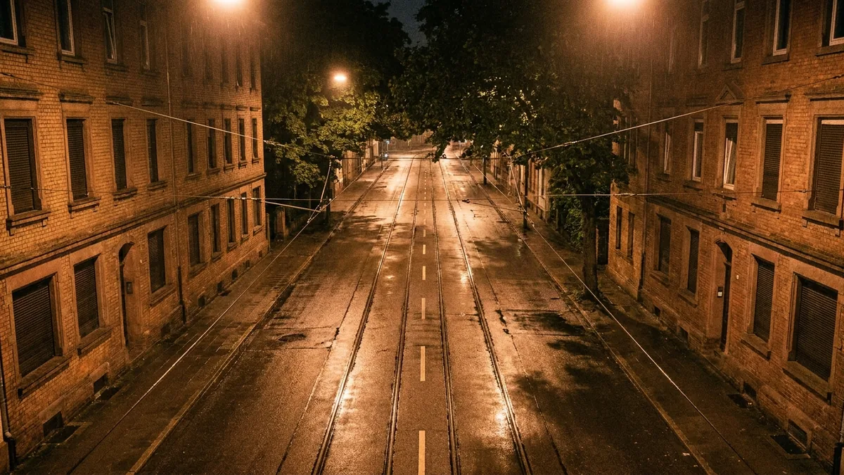 Nächtliche Hauptstraße in Köln-Mülheim mit Straßenbahngleisen, Altbauten und Absperrband