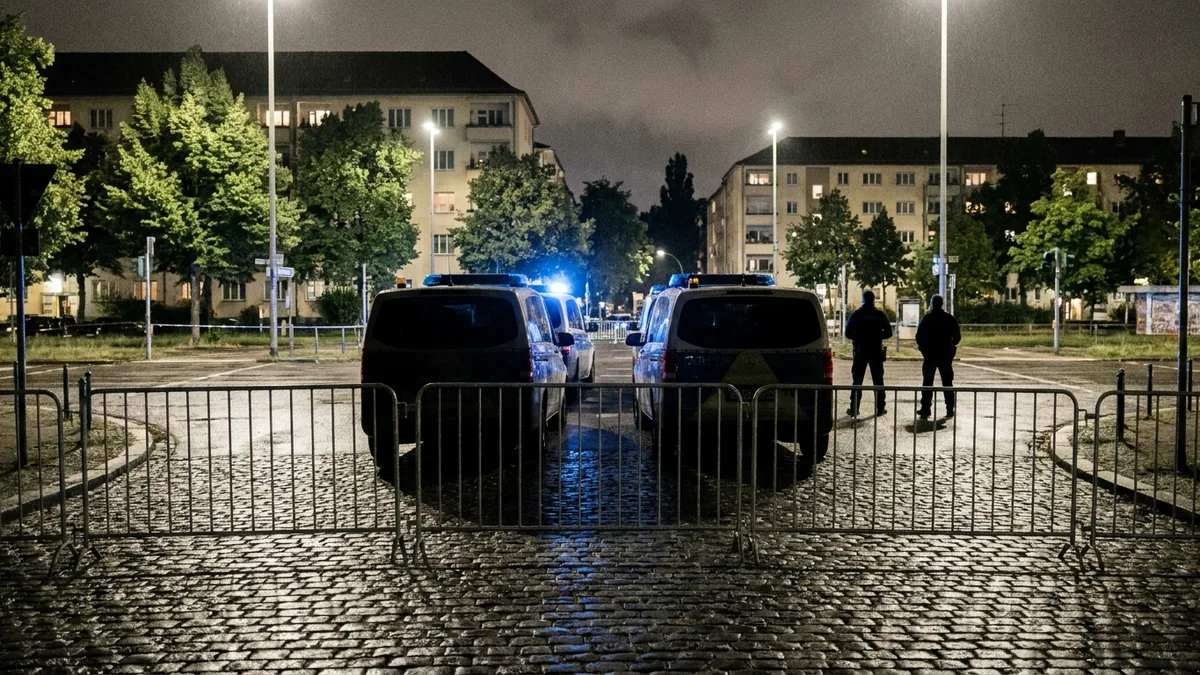 Streifenwagen und Absperrgitter an einer Straßenkreuzung bei Nacht