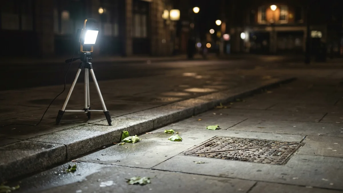 Weiße Kreidemarkierungen auf dem Gehweg im Scheinwerferlicht