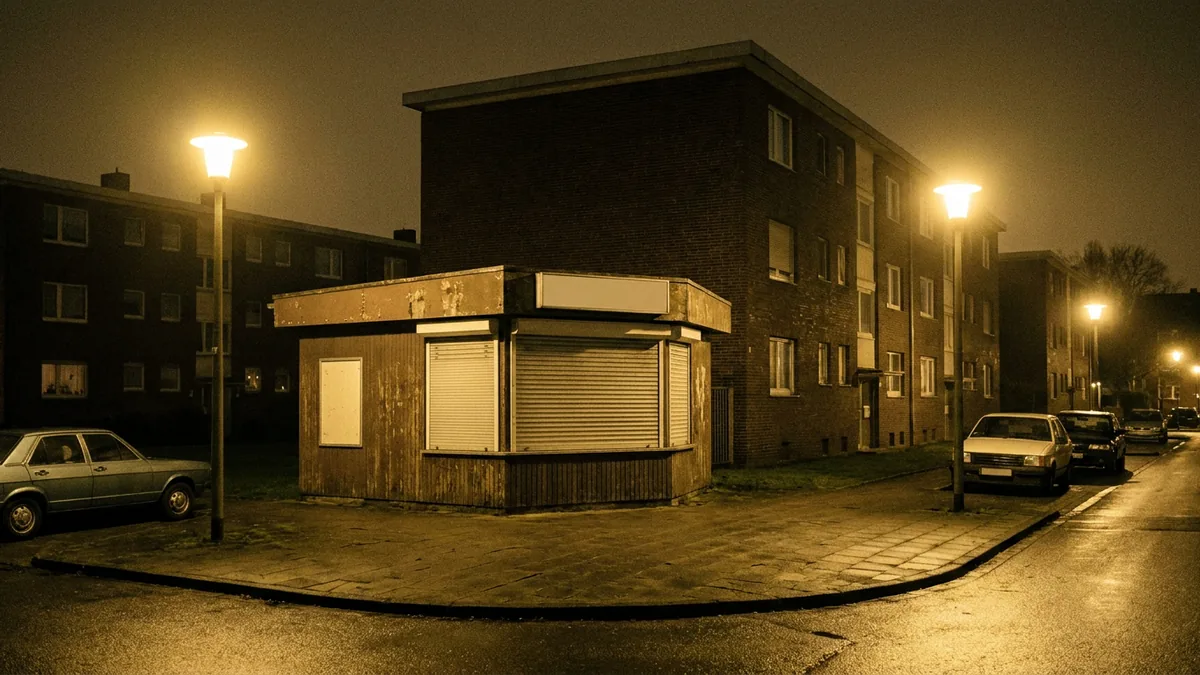Ruhige Wohnstraße mit Nachkriegsbauten und Kiosk bei Nacht