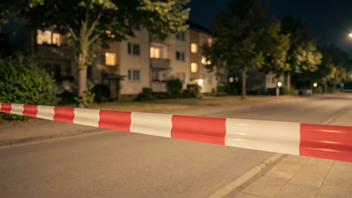 Absperrband der Polizei über einem Gehweg bei Nacht
