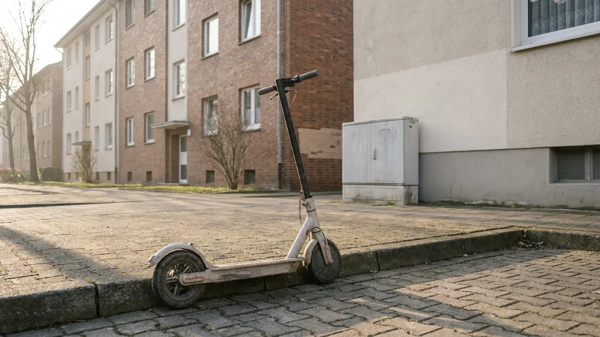 Abgestellter E-Scooter am Bordstein einer Wohnstraße