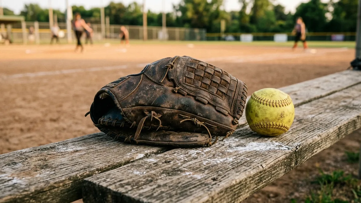 Softball und Handschuh liegen auf einer abgenutzten Holzbank am Spielfeldrand