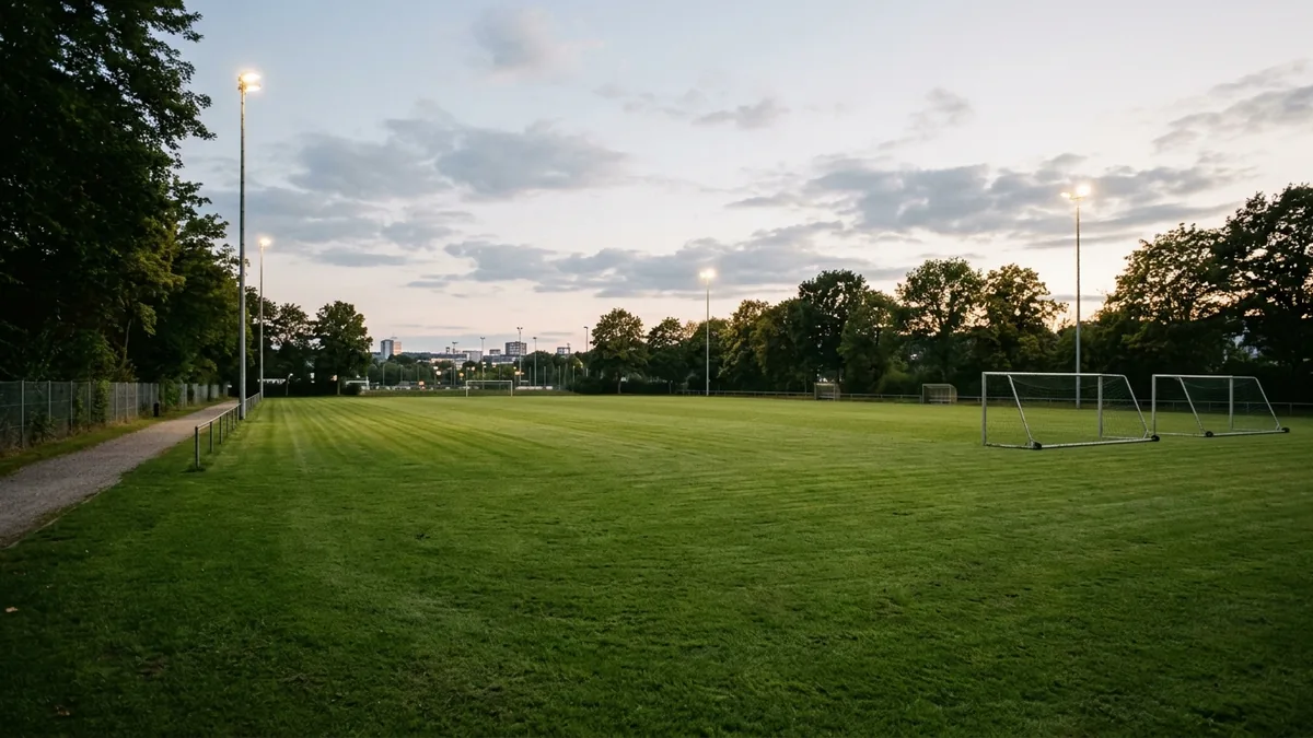 Weite Rasenfläche im Sportpark am Abend, Flutlichtmasten im Hintergrund