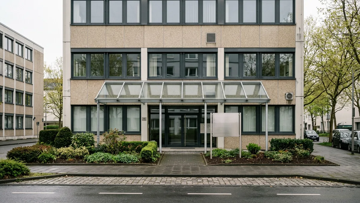 Schlichtes Bürogebäude in Köln mit Glasvordach und leerem Schildfeld am Eingang