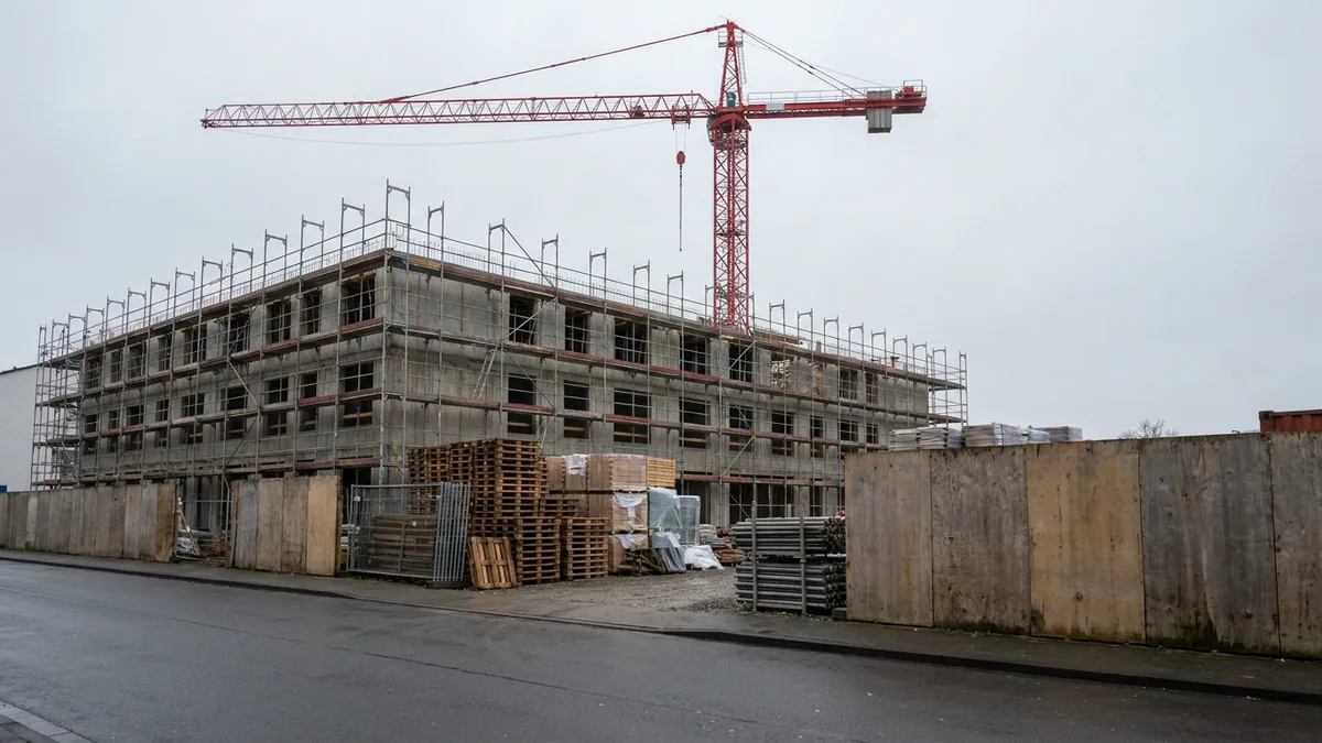 Rohbau mit Gerüsten unter einem roten Baukran, davor ein Bauzaun aus Holz, Paletten und Baumaterial auf dem Gelände