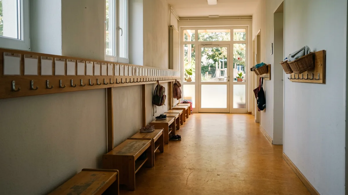 Leerer Flur einer Kindertagesstätte mit niedrigen Garderobenhaken und Bänken