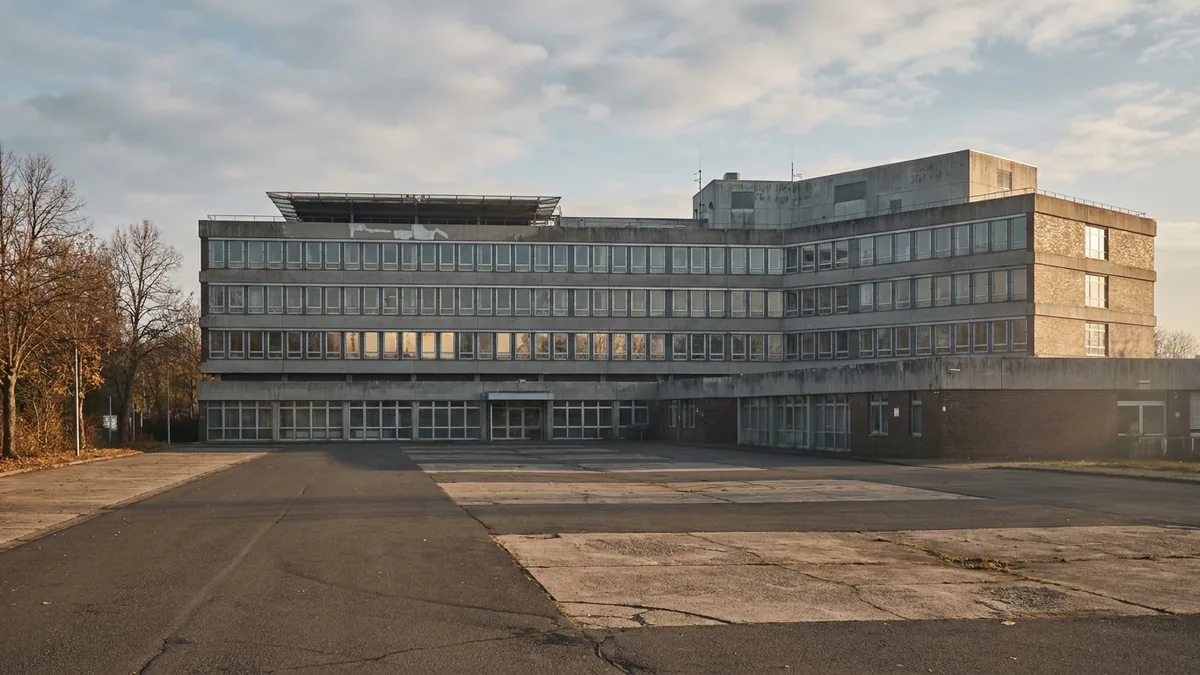 Langgestrecktes Betongebäude mit Hubschrauberlandeplattform auf dem Dach, davor eine leere Asphaltfläche mit Rissen