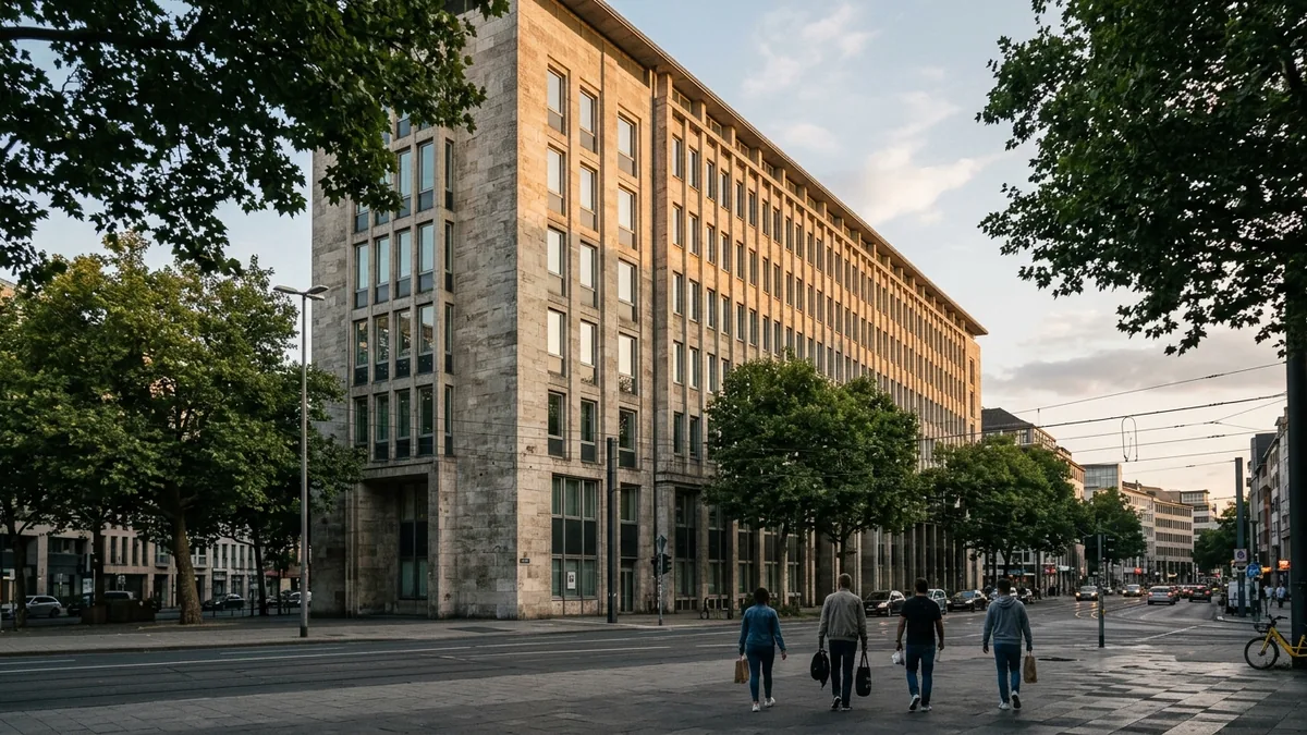 Fassade eines großen Bankgebäudes aus Stein und Glas an einer Kölner Ringstraße im Abendlicht.