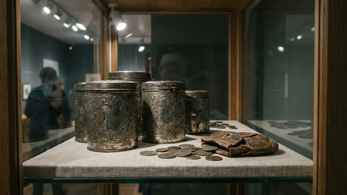 Verzierte Blechdosen, Münzen und ein alter Lederbeutel in einer Museumsvitrine, im Glas spiegeln sich Besucher