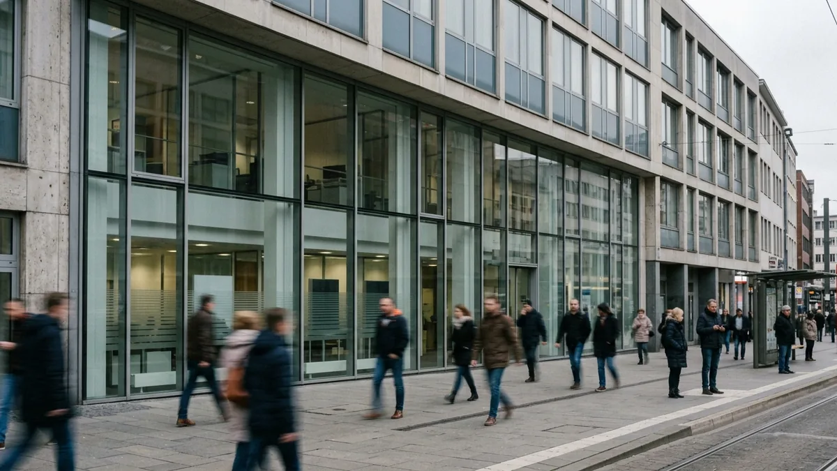 Passanten vor der Glasfront einer Bankfiliale am Kölner Neumarkt, Bewegungsunschärfe.