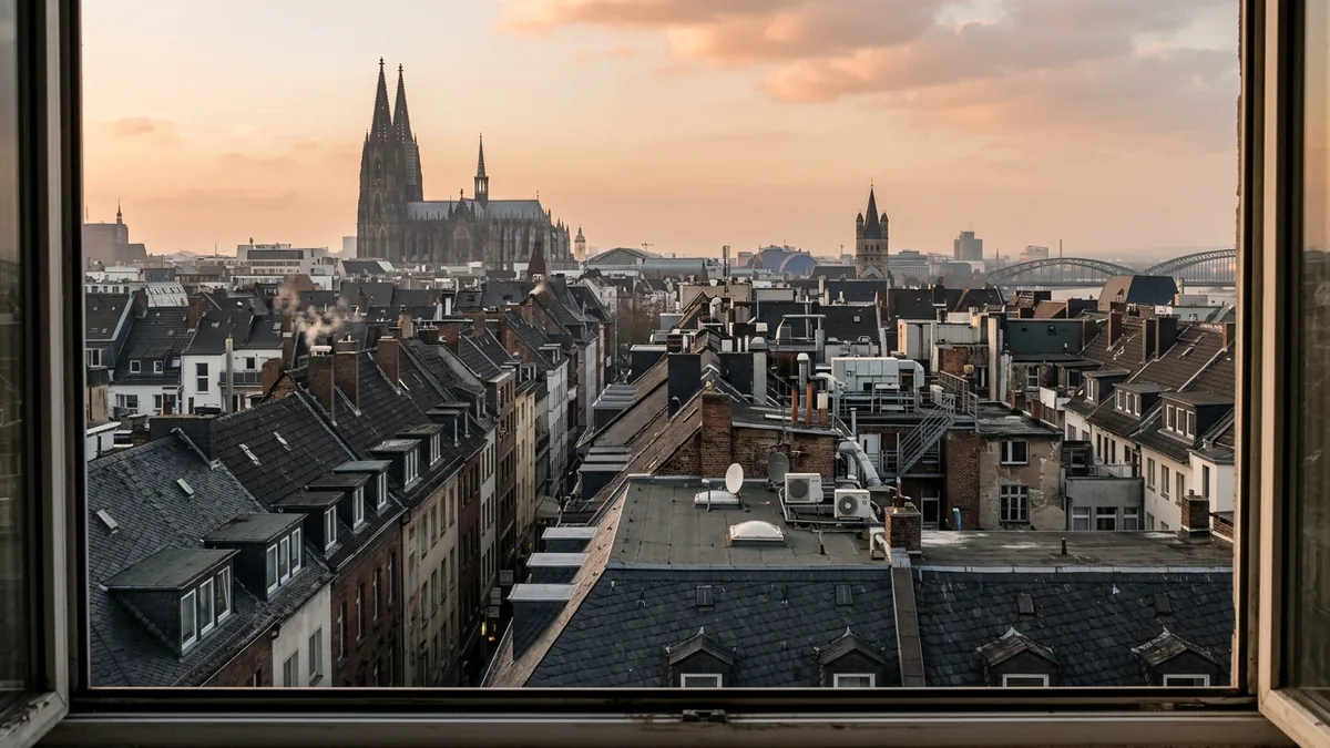 Blick von einem Obergeschoss über die Dächer der Kölner Innenstadt bis zum Dom.