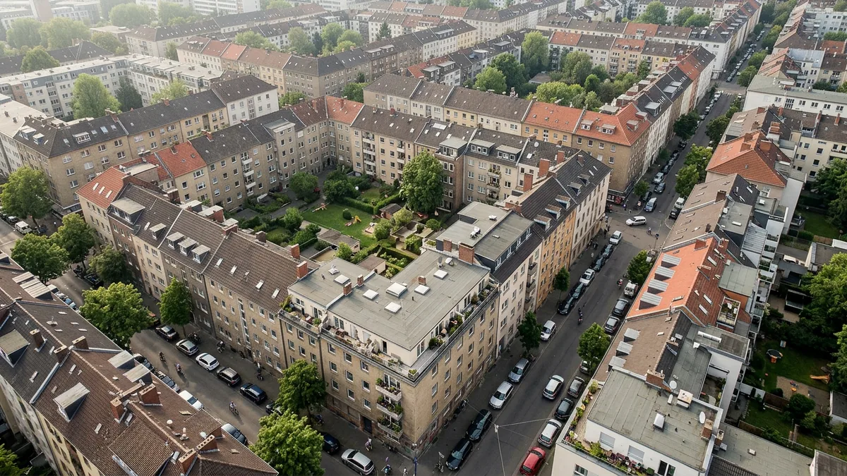 Luftbild einer dichten Kölner Blockrandbebauung mit Dachlandschaft und Hinterhoefen