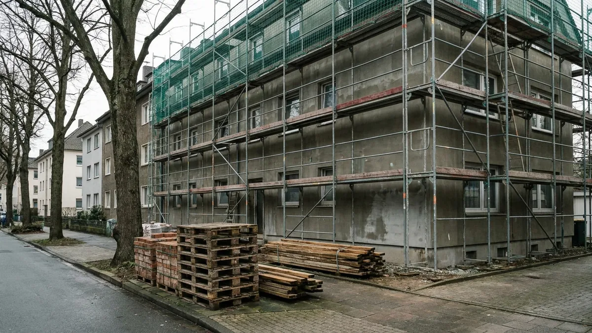Eingerüstetes Mehrfamilienhaus mit grünem Schutznetz, auf dem Gehweg Paletten mit Ziegeln und gestapeltes Bauholz