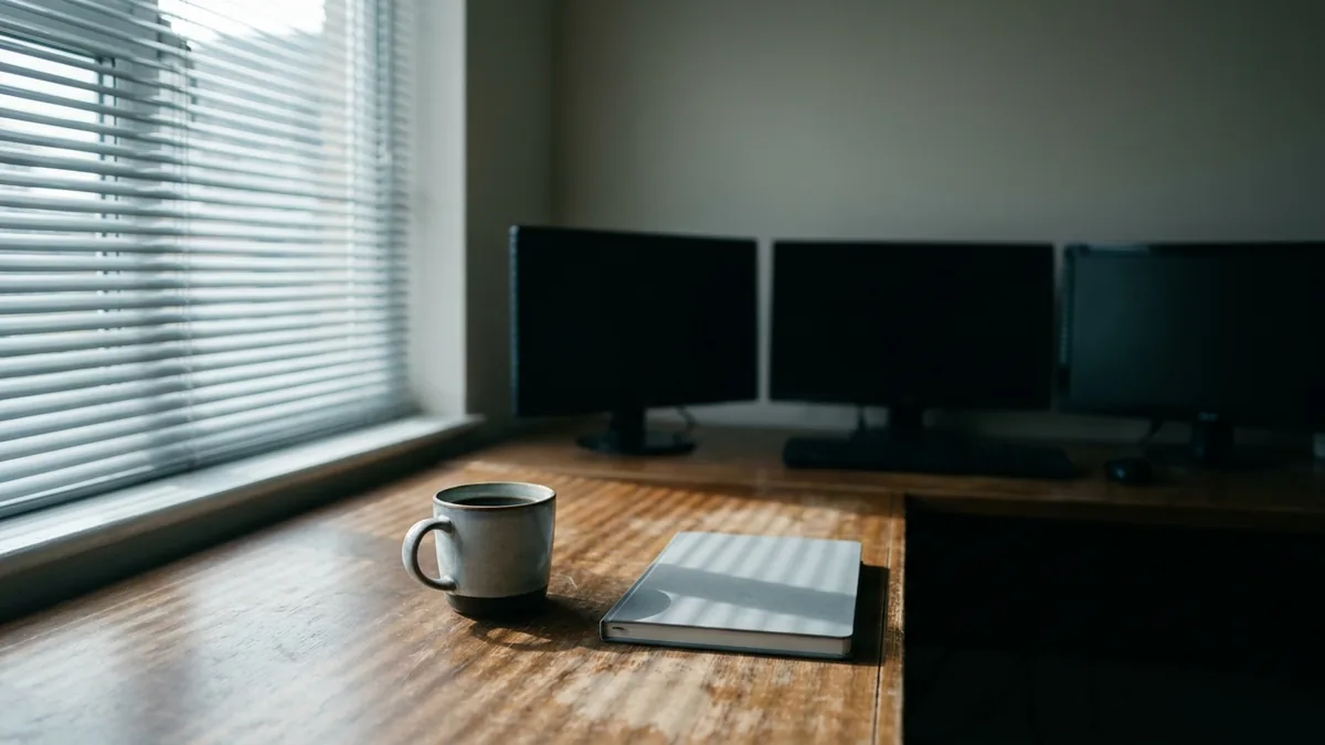 Schreibtisch am Fenster mit Kaffeetasse und geschlossenem Notizbuch, im Hintergrund drei dunkle Monitore