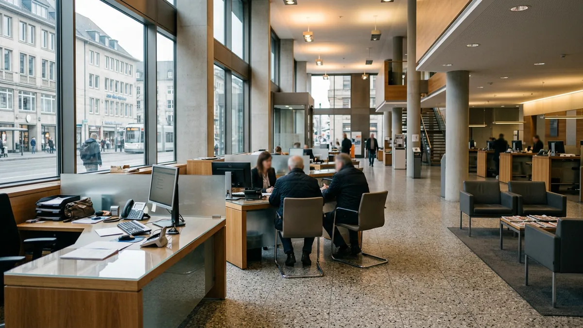 Schalterhalle einer Sparkassenfiliale mit Wartebereich und Beratungsinseln, Menschen unscharf