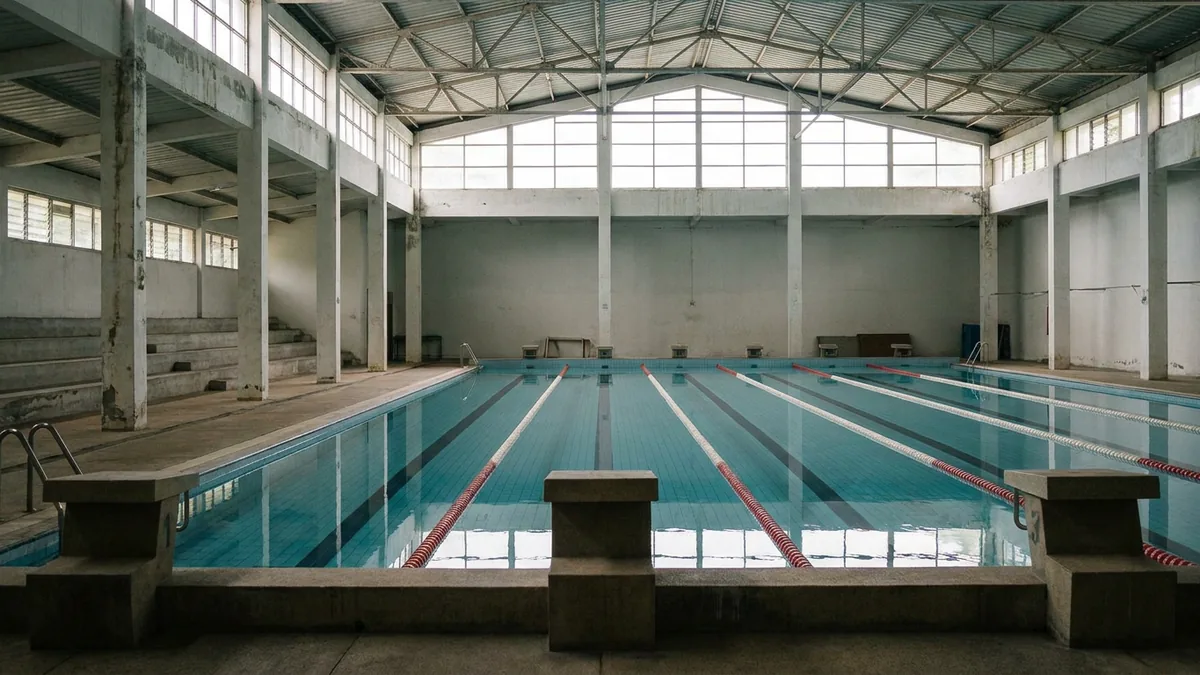 Leeres Schwimmbecken mit Bahnenleinen und Startblöcken aus Beton in einer sichtbar gealterten Halle