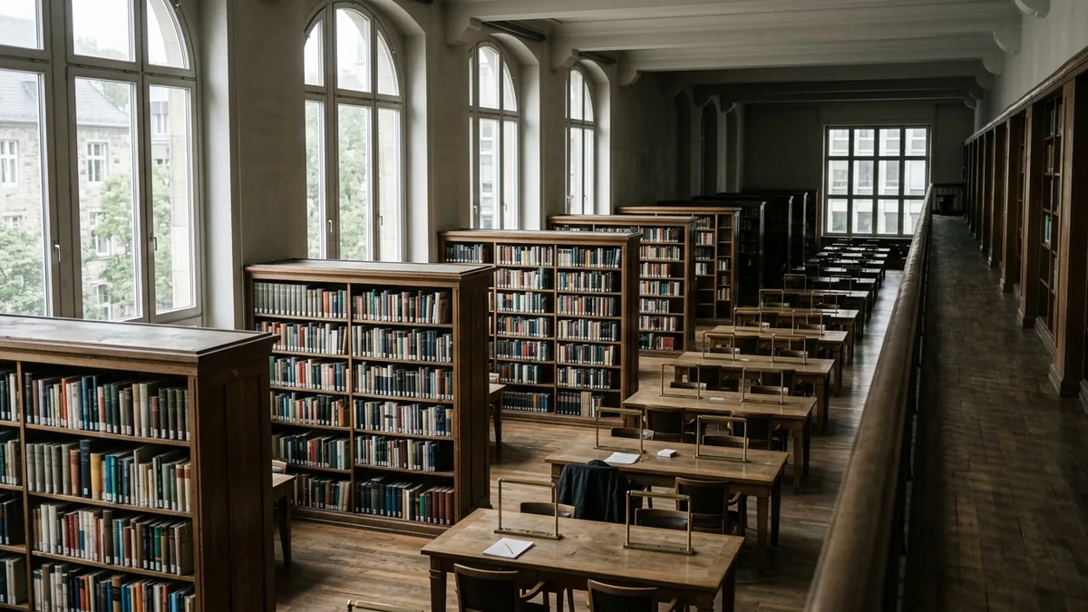 Lesesaal einer wissenschaftlichen Spezialbibliothek mit Regalreihen und Arbeitsplätzen