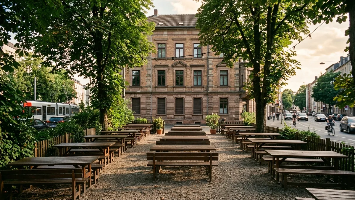 Biergarten mit Kastanien vor einem hellen Altbau an einer Kölner Straße im Sommerlicht