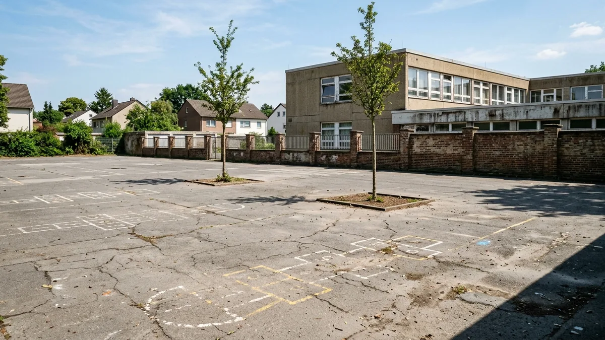 Leerer Schulhof mit rissigem Asphalt und wenigen Bäumen an einer Kölner Grundschule