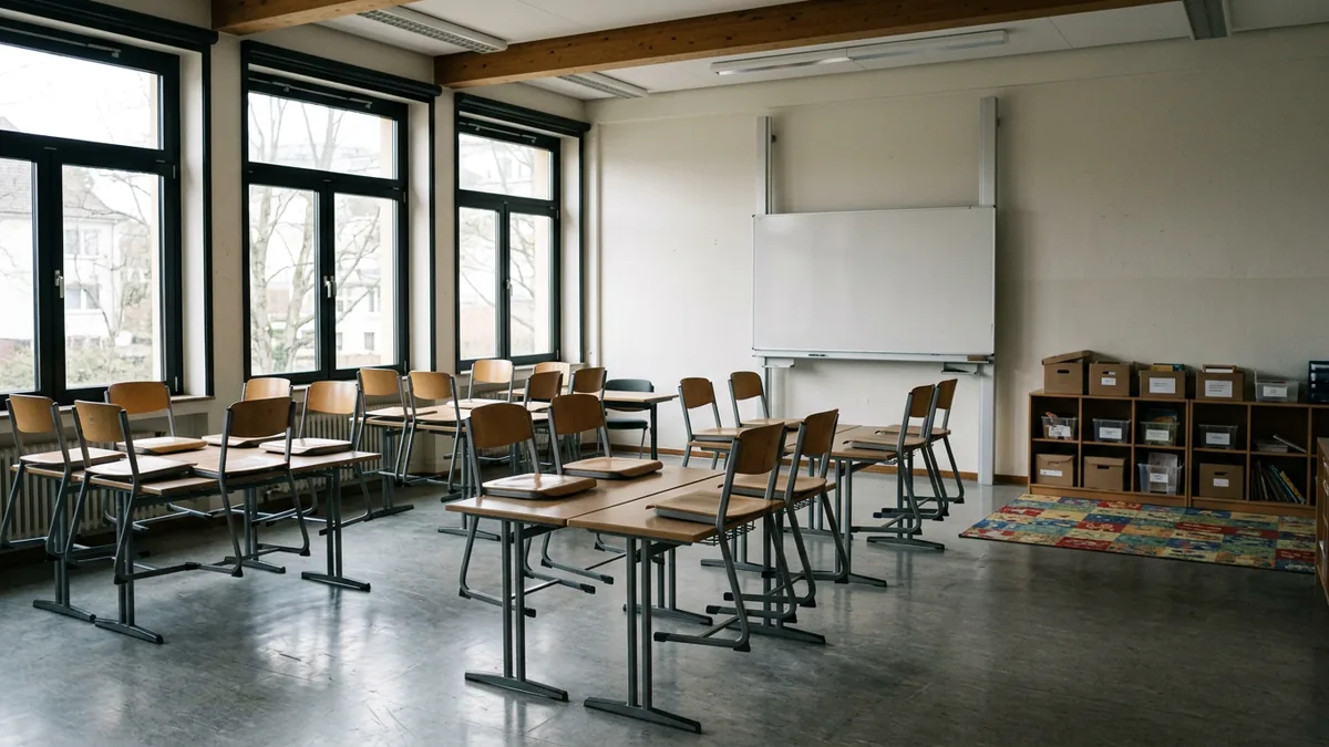 Leerer Klassenraum mit flexibel gestellten Tischen und Whiteboard in einer Kölner Schule