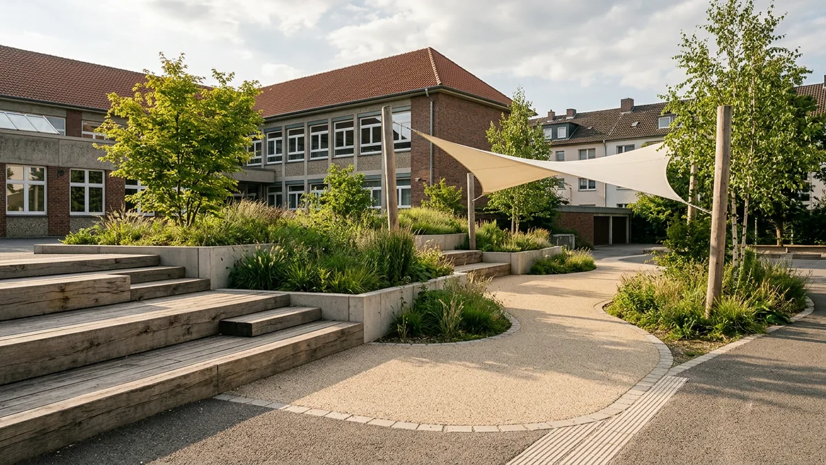 Neu begrünter Schulhof mit Sitzstufen, Pflanzbeeten und jungen Bäumen in Köln