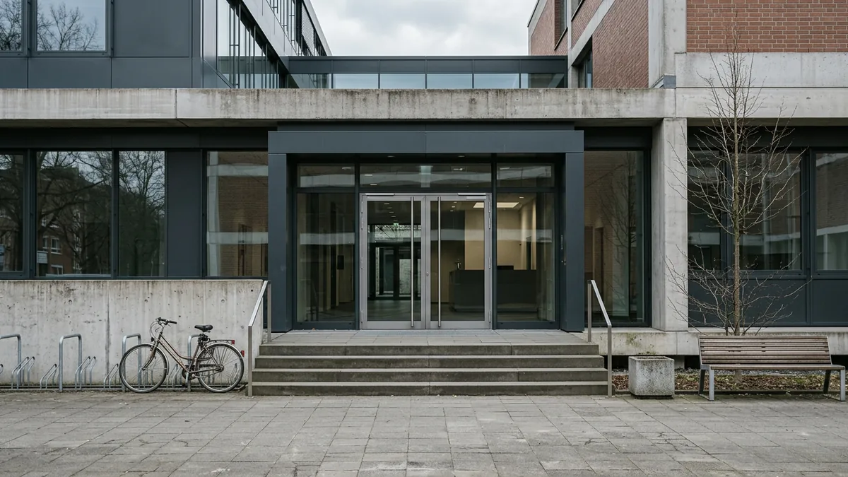 Eingangsbereich eines Gründungszentrums mit Fahrradständern