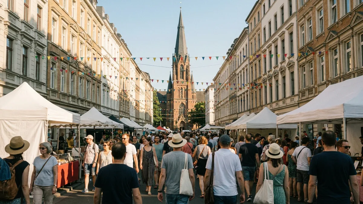 Straßenfest auf einer Kölner Geschäftsstraße mit Marktständen, am Straßenende der Turm einer neugotischen Kirche.