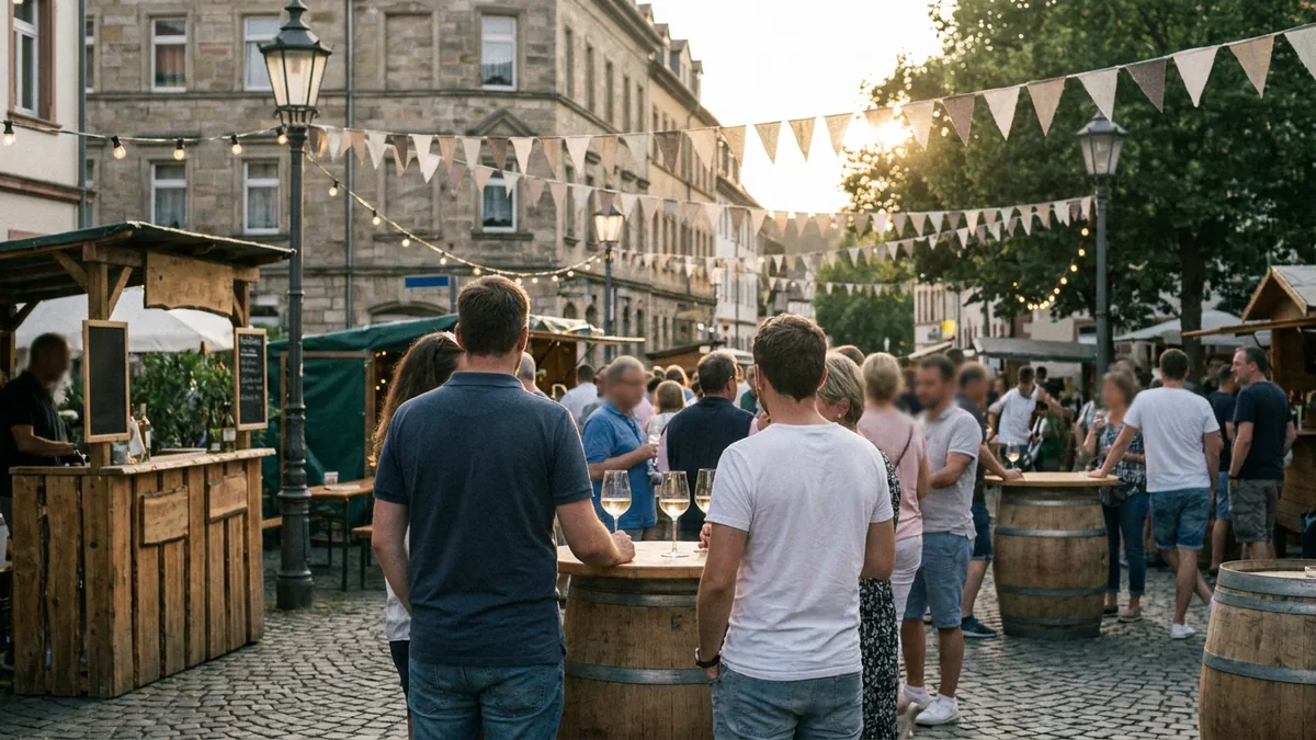 Weindorf-Stände mit Stehtischen und Weingläsern bei einem Straßenfest im Abendlicht, Menschen von hinten zu sehen.