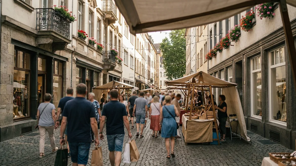 Besucher schlendern an einem Festtag an geöffneten Ladentüren und Auslagen einer Kölner Geschäftsstraße vorbei.