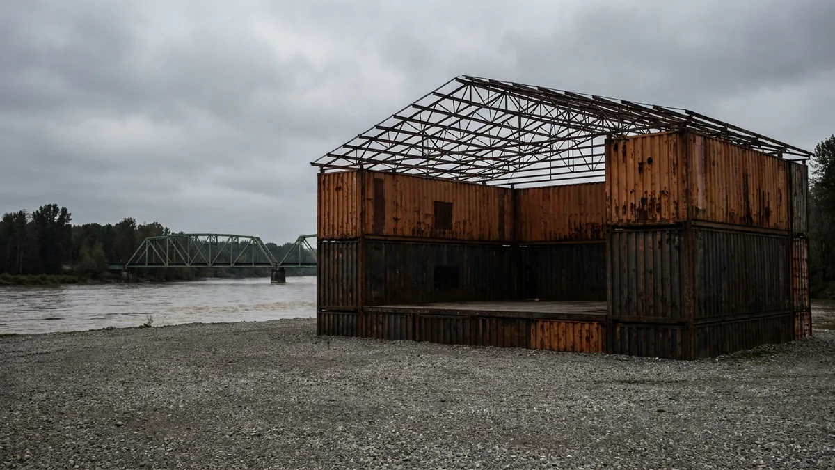Unbeleuchtete Bühne aus gestapelten, verrosteten Containern auf einem Schotterplatz an einem Fluss