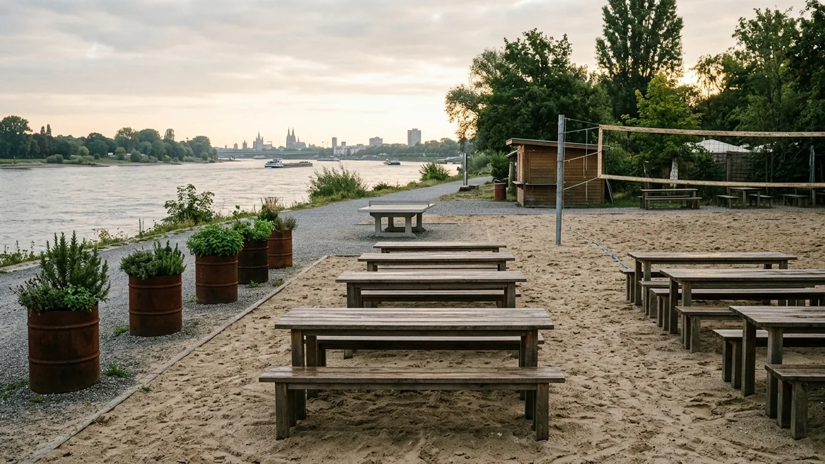 Leerer Biergarten mit Holzbänken und Sandfläche am Rheinufer im Morgenlicht