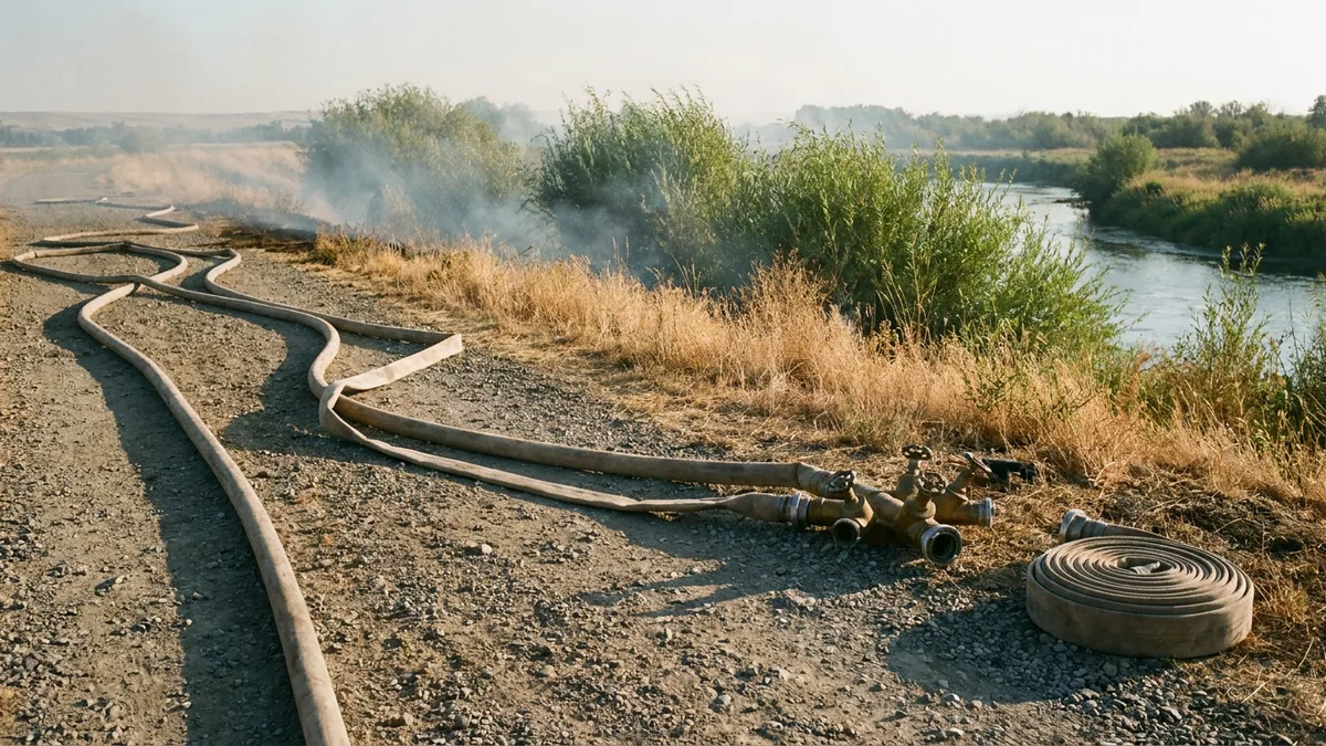 Feuerwehrschläuche und Einsatzfahrzeuge auf einem Uferweg neben Weiden