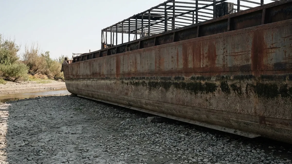 Auf trockenem Kies aufsitzender Schiffsrumpf mit sichtbarem Kiel