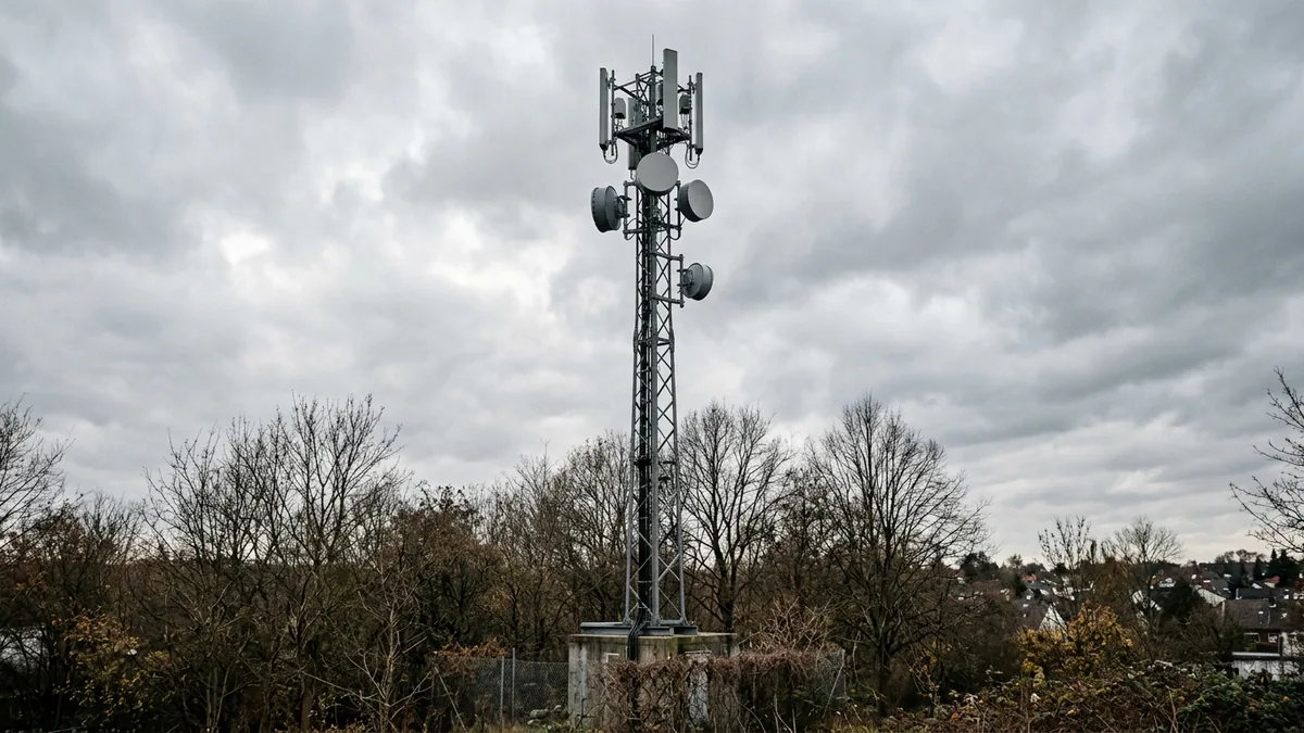Mobilfunkmast mit Antennenpaneelen vor bewölktem Himmel