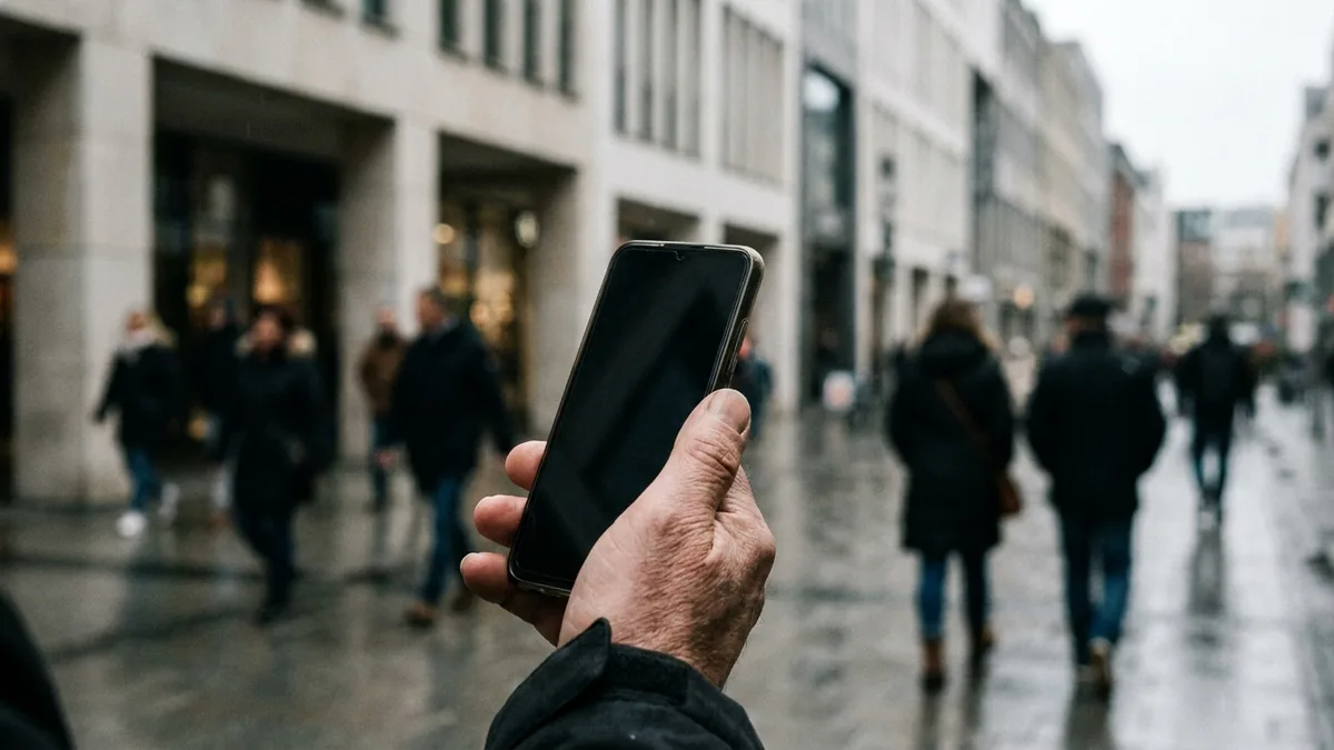 Eine Hand hält ein Smartphone mit dunklem Bildschirm in einer belebten Einkaufsstraße bei Regenwetter