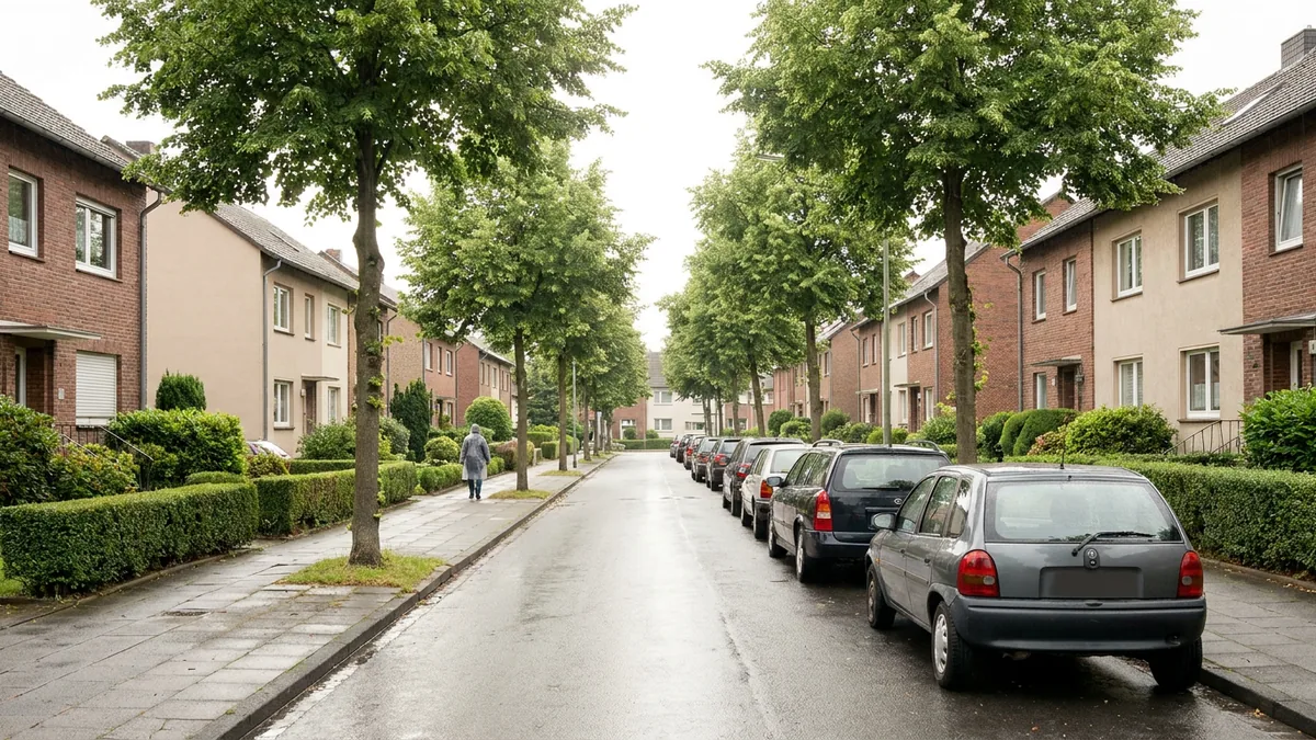 Baumgesäumte Wohnstraße mit Backsteinhäusern, Hecken und parkenden Autos an einem regnerischen Tag