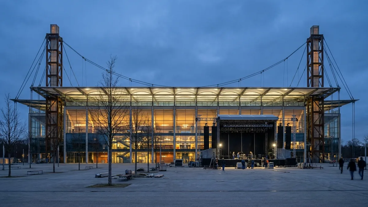 Stadion mit beleuchteter Glasfassade und Gittermasten in der Dämmerung, davor wird eine Bühne aufgebaut
