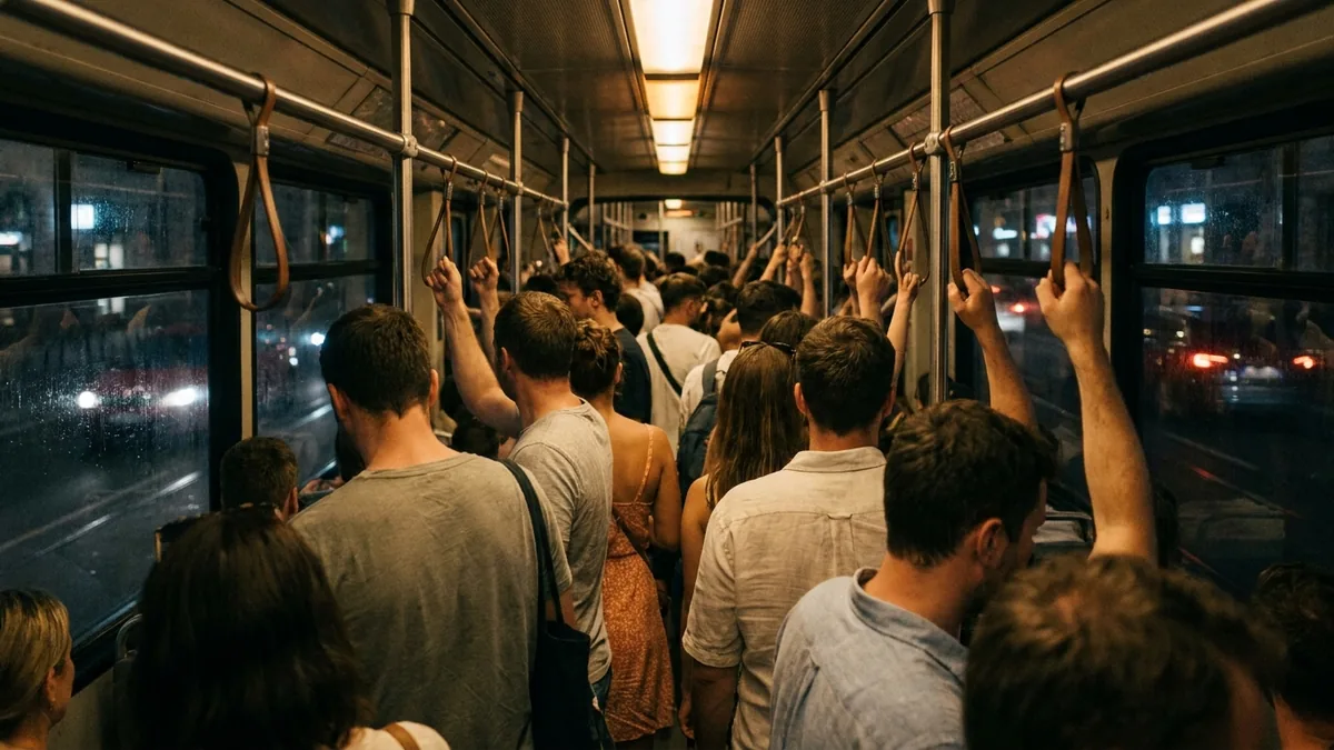 Dicht gedrängte Fahrgäste stehen nachts in einer Stadtbahn und halten sich an Schlaufen fest