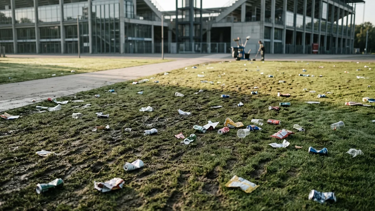 Wiese vor einem Stadion nach einer Veranstaltung mit Reinigungsspuren