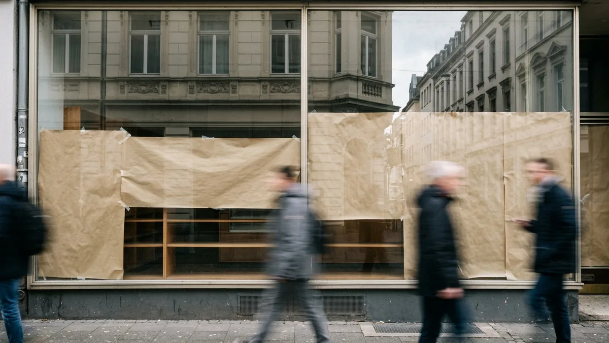 Leeres Schaufenster eines geschlossenen Cafés in der Kölner Innenstadt, davor unscharfe Passanten