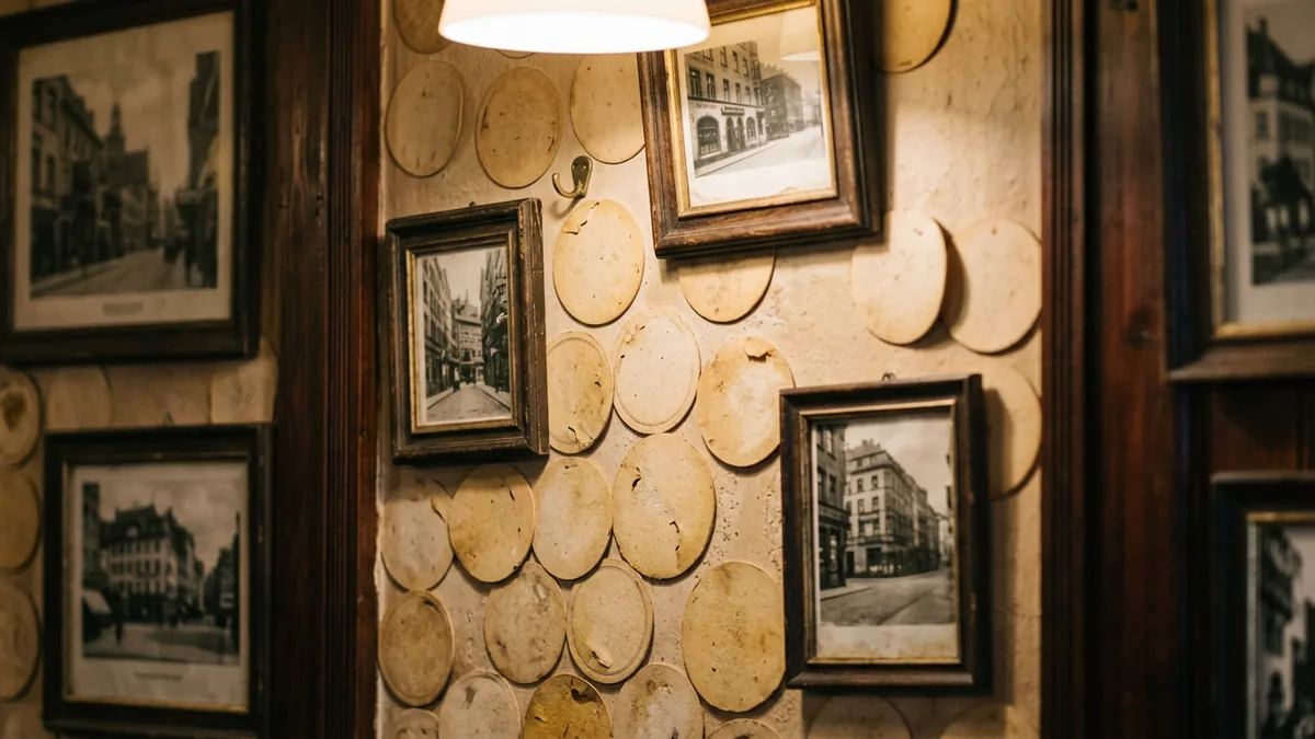 Vergilbte Bierdeckel und alte gerahmte Fotografien an der Wand eines Traditionslokals