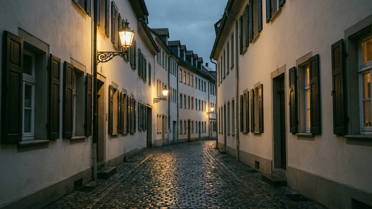 Enge Altstadtgasse mit Kopfsteinpflaster und Wohnhäusern nahe dem Heumarkt