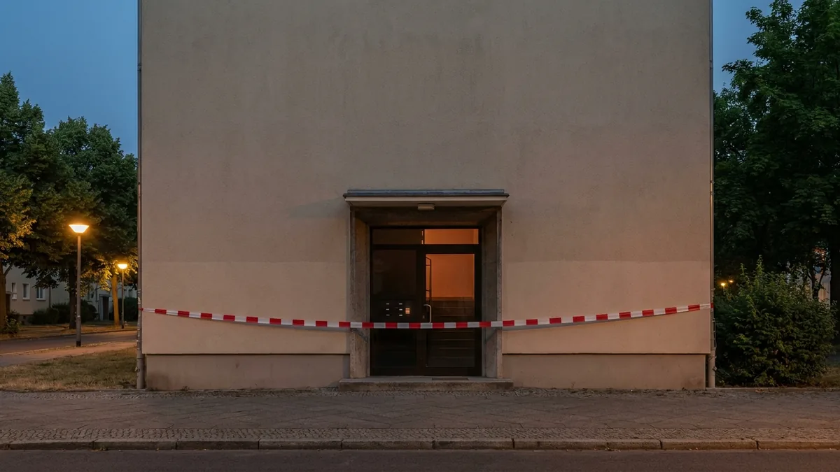 Rot-weißes Absperrband vor dem Hauseingang eines schlichten Mehrfamilienhauses in der Dämmerung