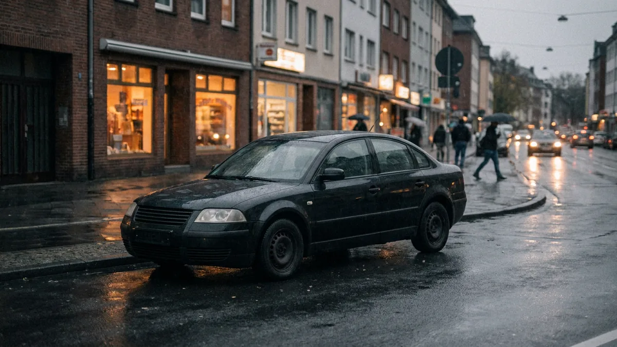 Dunkle Limousine parkt bei Regen am Straßenrand, dahinter beleuchtete Schaufenster und Passanten mit Schirmen