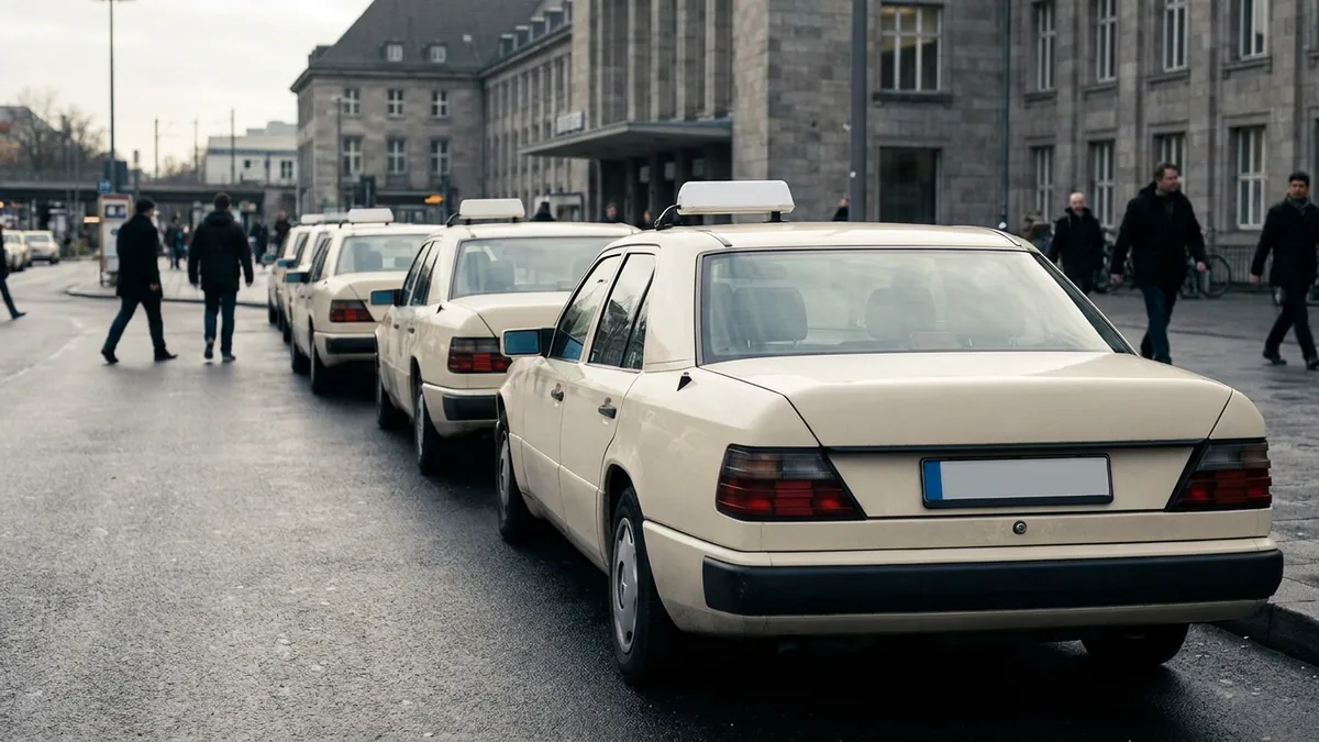 Cremefarbene Taxis mit Dachzeichen parken in einer Reihe vor einem großen Steingebäude, Passanten überqueren die Straße