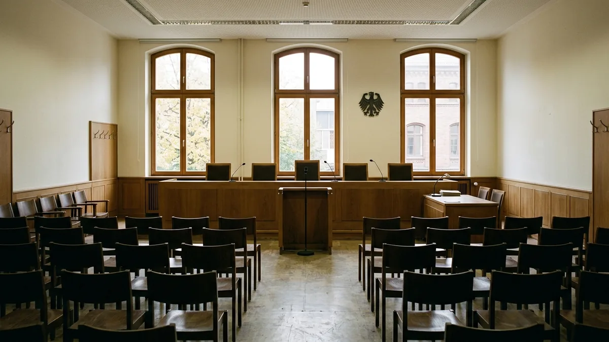 Leerer Sitzungssaal eines deutschen Verwaltungsgerichts mit Richtertisch