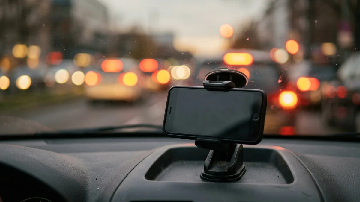 Smartphone auf einer Ablage im Auto, Straßenverkehr unscharf durch die Scheibe