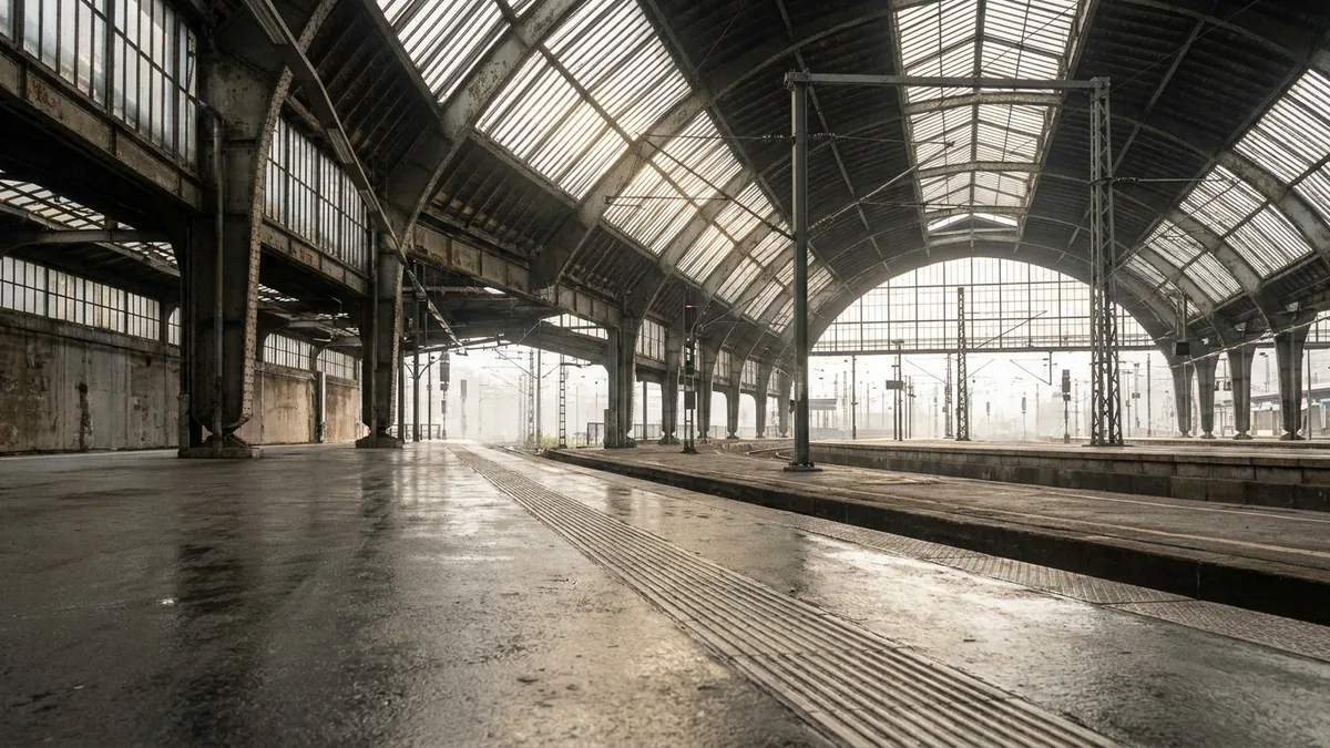 Menschenleerer Bahnsteig unter gewölbten Stahl-Glas-Dächern einer großen Bahnhofshalle, der Boden ist nass